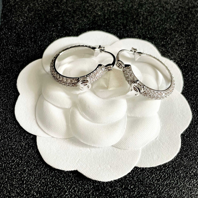 CHANEL 26S DOUBLE C LOGO FULL PAVE CRYSTAL HOOP EARRINGS IN SILVER METAL 630069