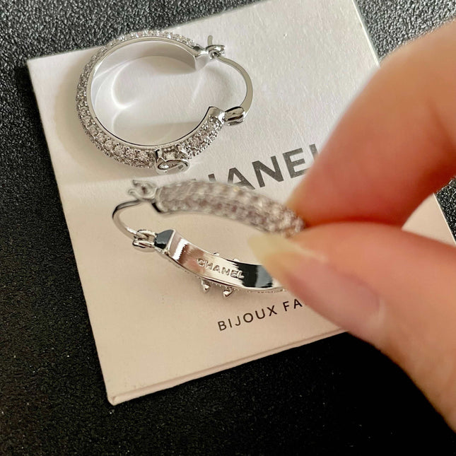 CHANEL 26S DOUBLE C LOGO FULL PAVE CRYSTAL HOOP EARRINGS IN SILVER METAL 630069