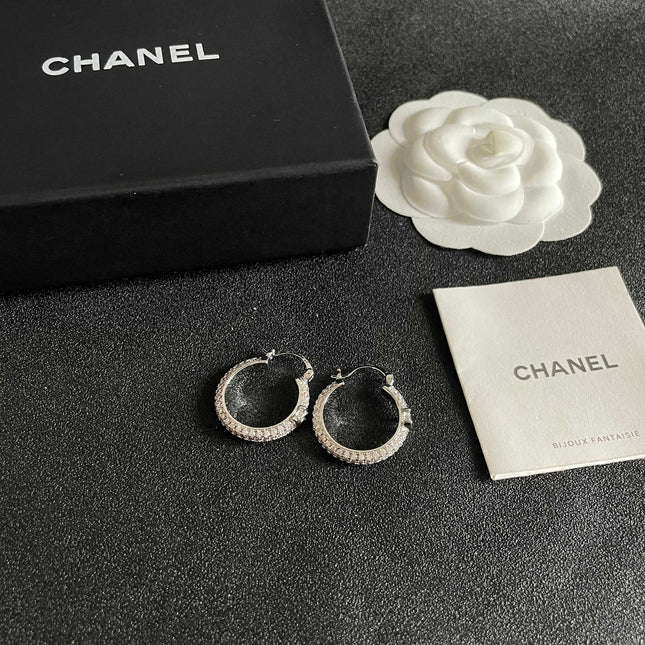 CHANEL 26S DOUBLE C LOGO FULL PAVE CRYSTAL HOOP EARRINGS IN SILVER METAL 630069