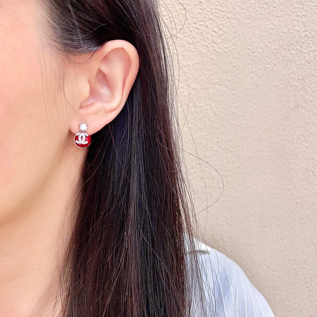 CHANEL 26S DOUBLE C LOGO RED ENAMEL CRYSTAL DROP STUD EARRINGS IN SILVER METAL 630074