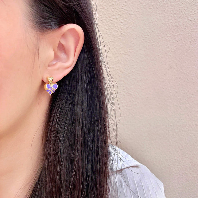 CHANEL 26S DOUBLE C HEART DROP EARRINGS WITH PURPLE ENAMEL FLORAL DETAIL IN GOLD METAL 631911