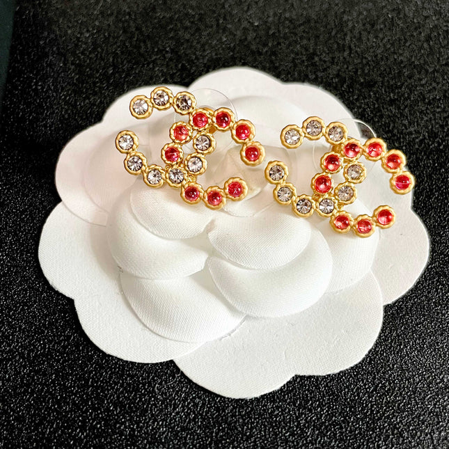CHANEL 26S DOUBLE C LOGO MULTI CRYSTAL BEADED STUD EARRINGS IN GOLD METAL 633161
