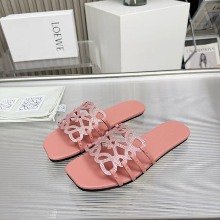 LOEWE 26S FLAT SANDALS IN PINK CALFSKIN WITH CRYSTALS