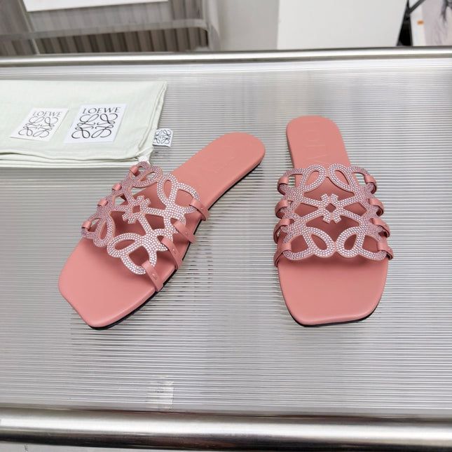 LOEWE 26S FLAT SANDALS IN PINK CALFSKIN WITH CRYSTALS