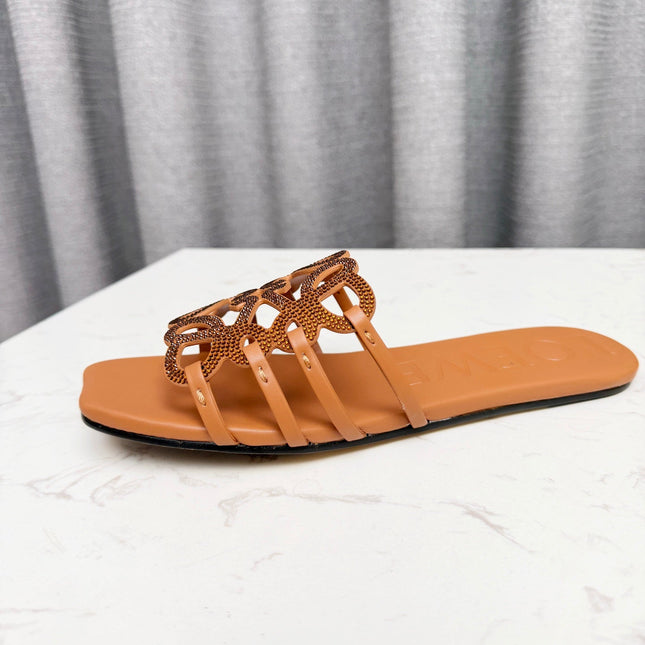 LOEWE 26S FLAT SANDALS IN BURNT ORANGE CALFSKIN WITH CRYSTALS
