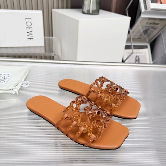 LOEWE 26S FLAT SANDALS IN BURNT ORANGE CALFSKIN WITH CRYSTALS