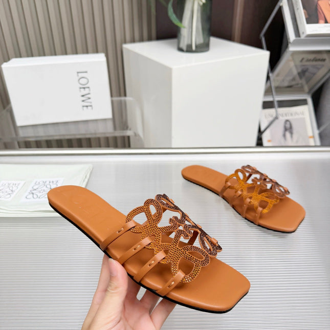 LOEWE 26S FLAT SANDALS IN BURNT ORANGE CALFSKIN WITH CRYSTALS
