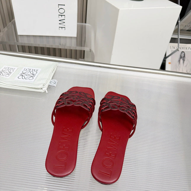 LOEWE 26S FLAT SANDALS IN DARK RED CALFSKIN WITH CRYSTALS