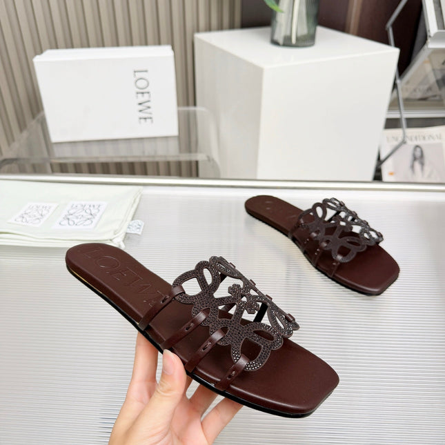 LOEWE 26S FLAT SANDALS IN DARK BROWN CALFSKIN WITH CRYSTALS