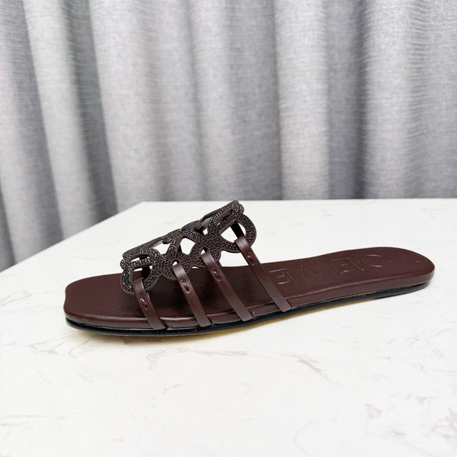 LOEWE 26S FLAT SANDALS IN DARK BROWN CALFSKIN WITH CRYSTALS