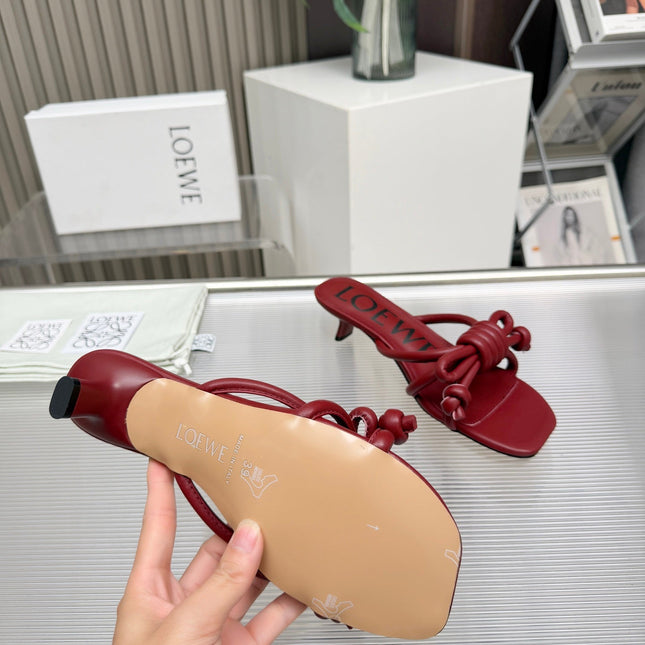 LOEWE 26S KITTEN HEEL KNOT SANDALS 45MM IN BURGUNDY RED CALFSKIN