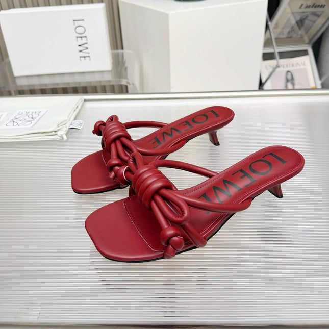 LOEWE 26S KITTEN HEEL KNOT SANDALS 45MM IN BURGUNDY RED CALFSKIN