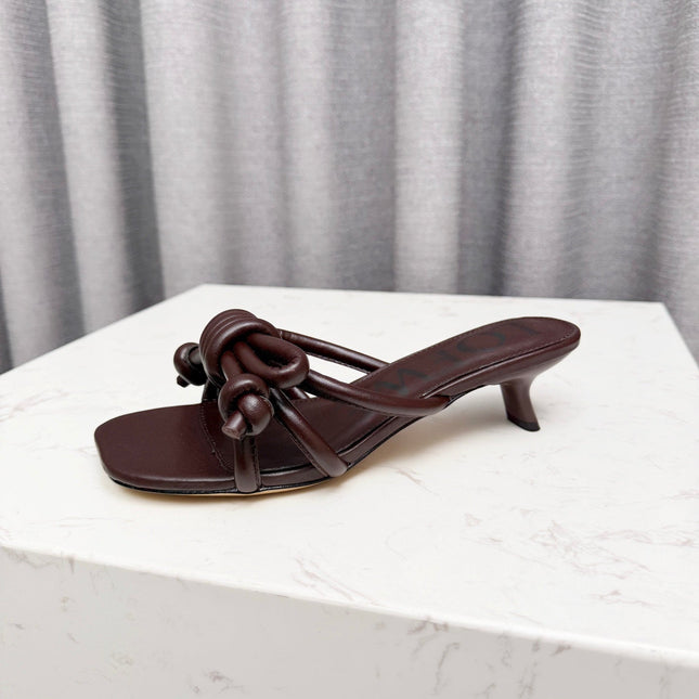 LOEWE 26S KITTEN HEEL KNOT SANDALS 45MM IN DARK BROWN CALFSKIN