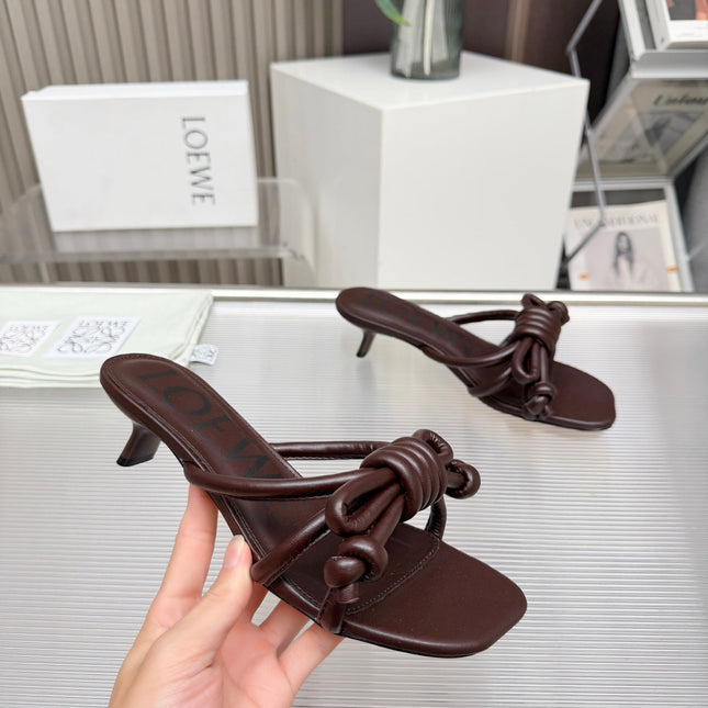 LOEWE 26S KITTEN HEEL KNOT SANDALS 45MM IN DARK BROWN CALFSKIN