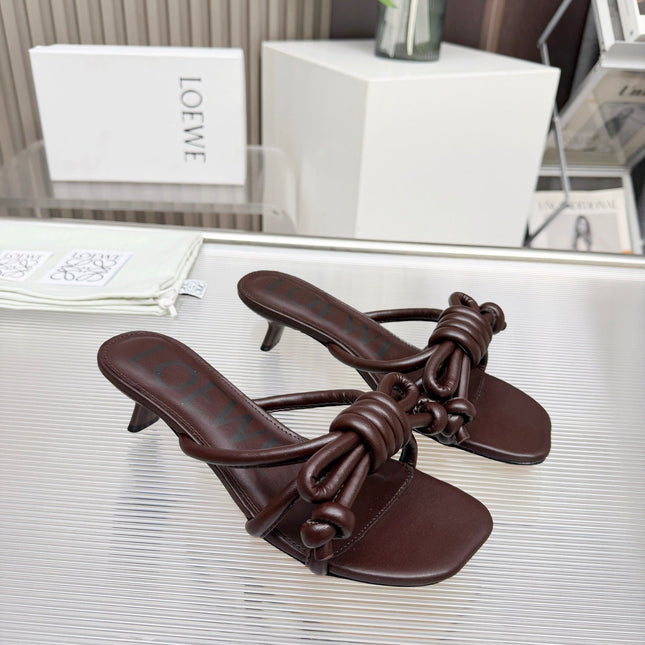 LOEWE 26S KITTEN HEEL KNOT SANDALS 45MM IN DARK BROWN CALFSKIN