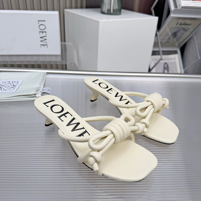 LOEWE 26S KITTEN HEEL KNOT SANDALS 45MM IN CREAM WHITE CALFSKIN