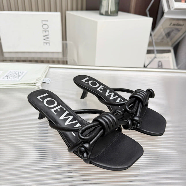 LOEWE 26S KITTEN HEEL KNOT SANDALS 45MM IN BLACK CALFSKIN