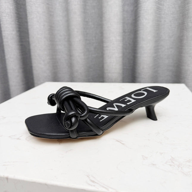 LOEWE 26S KITTEN HEEL KNOT SANDALS 45MM IN BLACK CALFSKIN