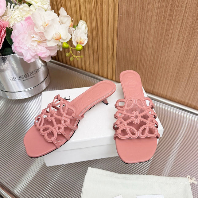 LOEWE 26S PETAL ANAGRAM KITTEN HEEL SANDALS 45MM IN PINK SOFT CALFSKIN