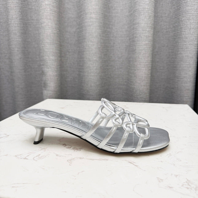 LOEWE 26S PETAL ANAGRAM KITTEN HEEL SANDALS 45MM IN SILVER SOFT CALFSKIN