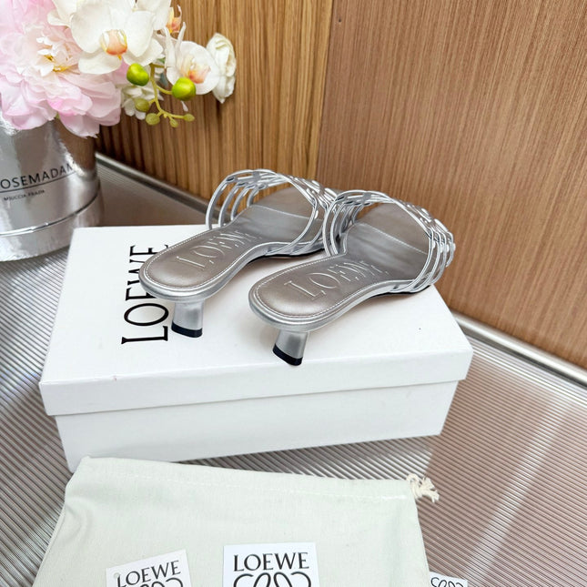LOEWE 26S PETAL ANAGRAM KITTEN HEEL SANDALS 45MM IN SILVER SOFT CALFSKIN