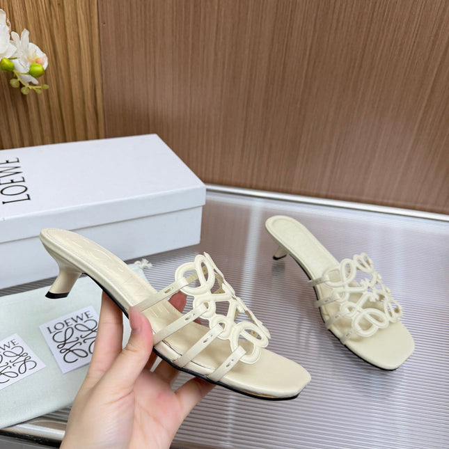 LOEWE 26S PETAL ANAGRAM KITTEN HEEL SANDALS 45MM IN CREAM WHITE SOFT CALFSKIN