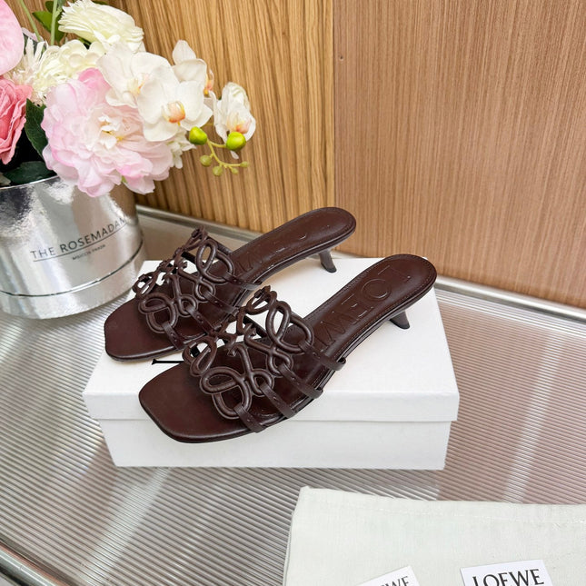LOEWE 26S PETAL ANAGRAM KITTEN HEEL SANDALS 45MM IN DARK BROWN SOFT CALFSKIN