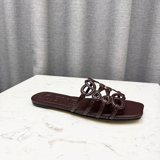 LOEWE 26S PETAL ANAGRAM SLIDE IN DARK BROWN SOFT CALFSKIN