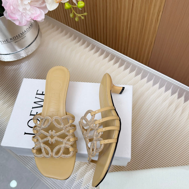 LOEWE 26S PETAL ANAGRAM SLIDE 45MM IN BEIGE SOFT CALFSKIN WITH CRYSTALS