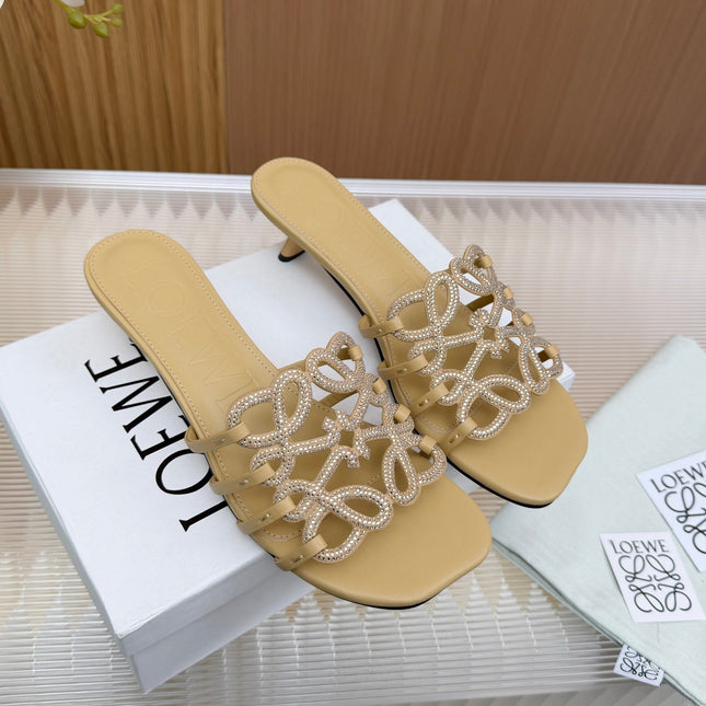 LOEWE 26S PETAL ANAGRAM SLIDE 45MM IN BEIGE SOFT CALFSKIN WITH CRYSTALS