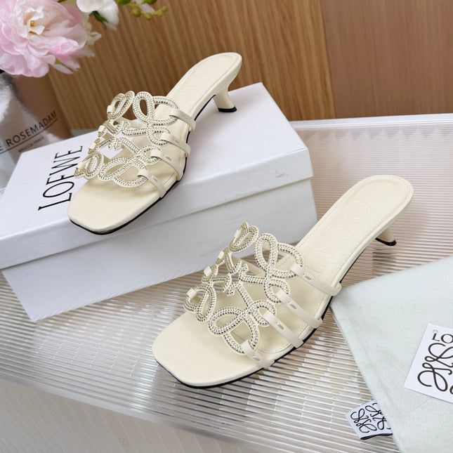 LOEWE 26S PETAL ANAGRAM SLIDE 45MM IN CREAM WHITE SOFT CALFSKIN WITH CRYSTALS