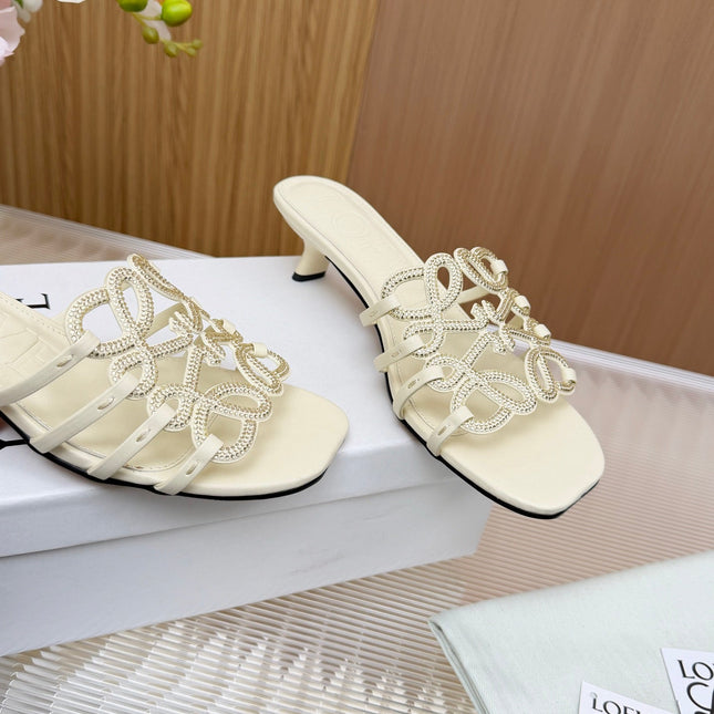 LOEWE 26S PETAL ANAGRAM SLIDE 45MM IN CREAM WHITE SOFT CALFSKIN WITH CRYSTALS