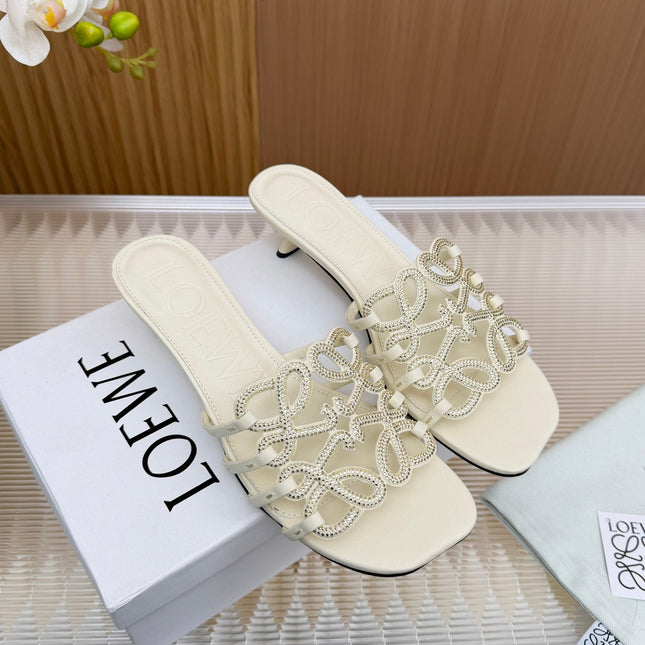 LOEWE 26S PETAL ANAGRAM SLIDE 45MM IN CREAM WHITE SOFT CALFSKIN WITH CRYSTALS