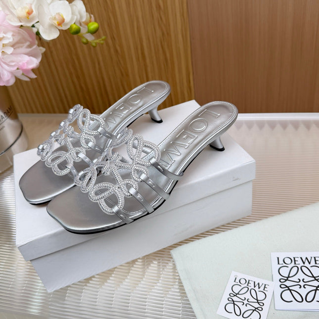 LOEWE 26S PETAL ANAGRAM SLIDE 45MM IN SILVER SOFT CALFSKIN WITH CRYSTALS
