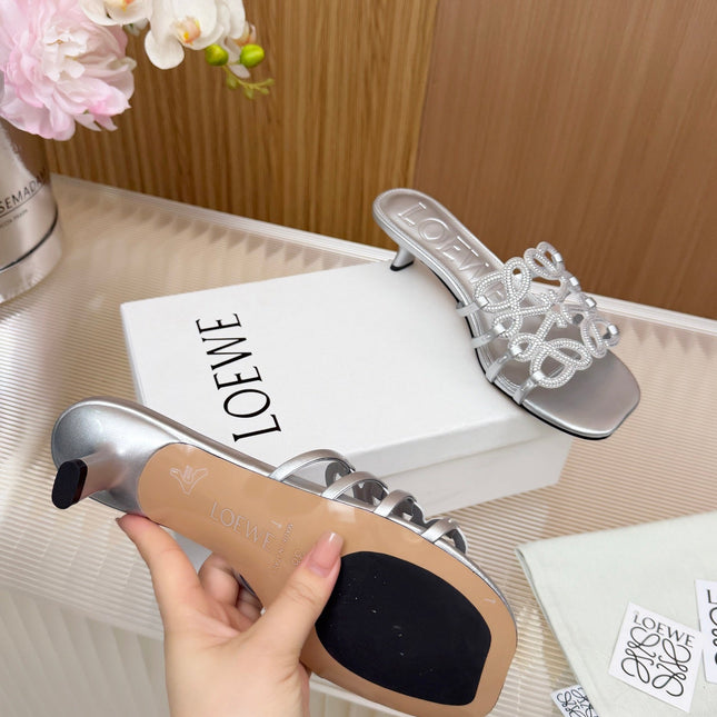 LOEWE 26S PETAL ANAGRAM SLIDE 45MM IN SILVER SOFT CALFSKIN WITH CRYSTALS