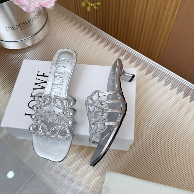 LOEWE 26S PETAL ANAGRAM SLIDE 45MM IN SILVER SOFT CALFSKIN WITH CRYSTALS