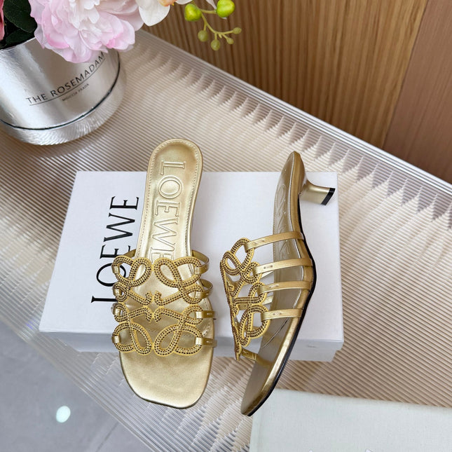 LOEWE 26S PETAL ANAGRAM SLIDE 45MM IN GOLD SOFT CALFSKIN WITH CRYSTALS
