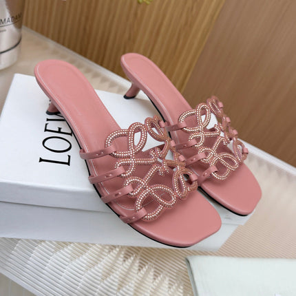 LOEWE 26S PETAL ANAGRAM SLIDE 45MM IN PINK SOFT CALFSKIN WITH CRYSTALS