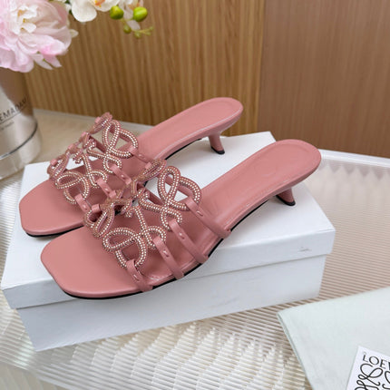 LOEWE 26S PETAL ANAGRAM SLIDE 45MM IN PINK SOFT CALFSKIN WITH CRYSTALS