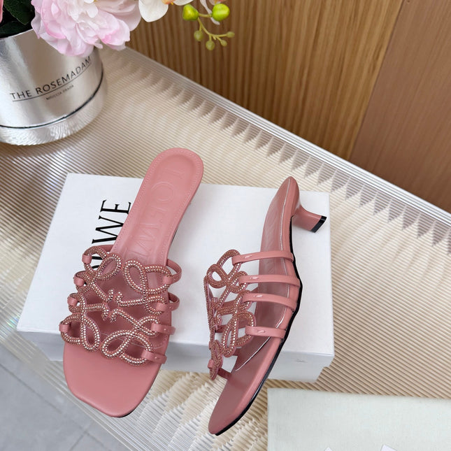 LOEWE 26S PETAL ANAGRAM SLIDE 45MM IN PINK SOFT CALFSKIN WITH CRYSTALS