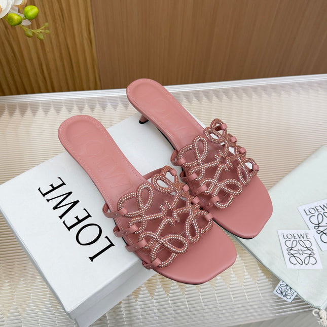 LOEWE 26S PETAL ANAGRAM SLIDE 45MM IN PINK SOFT CALFSKIN WITH CRYSTALS