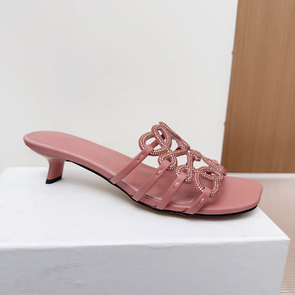 LOEWE 26S PETAL ANAGRAM SLIDE 45MM IN PINK SOFT CALFSKIN WITH CRYSTALS