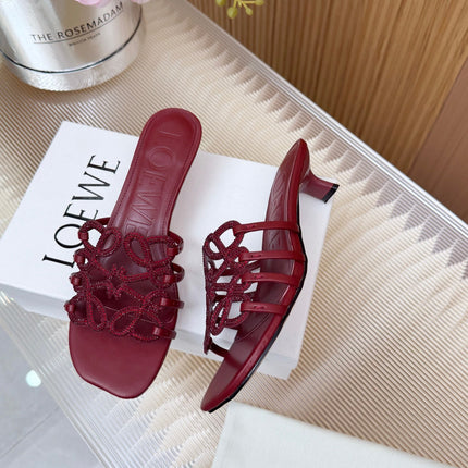 LOEWE 26S PETAL ANAGRAM SLIDE 45MM IN DARK RED SOFT CALFSKIN WITH CRYSTALS