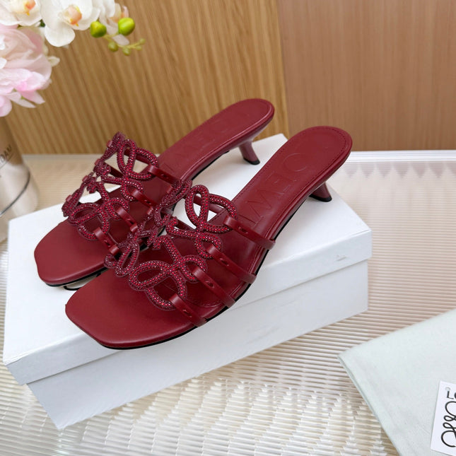 LOEWE 26S PETAL ANAGRAM SLIDE 45MM IN DARK RED SOFT CALFSKIN WITH CRYSTALS