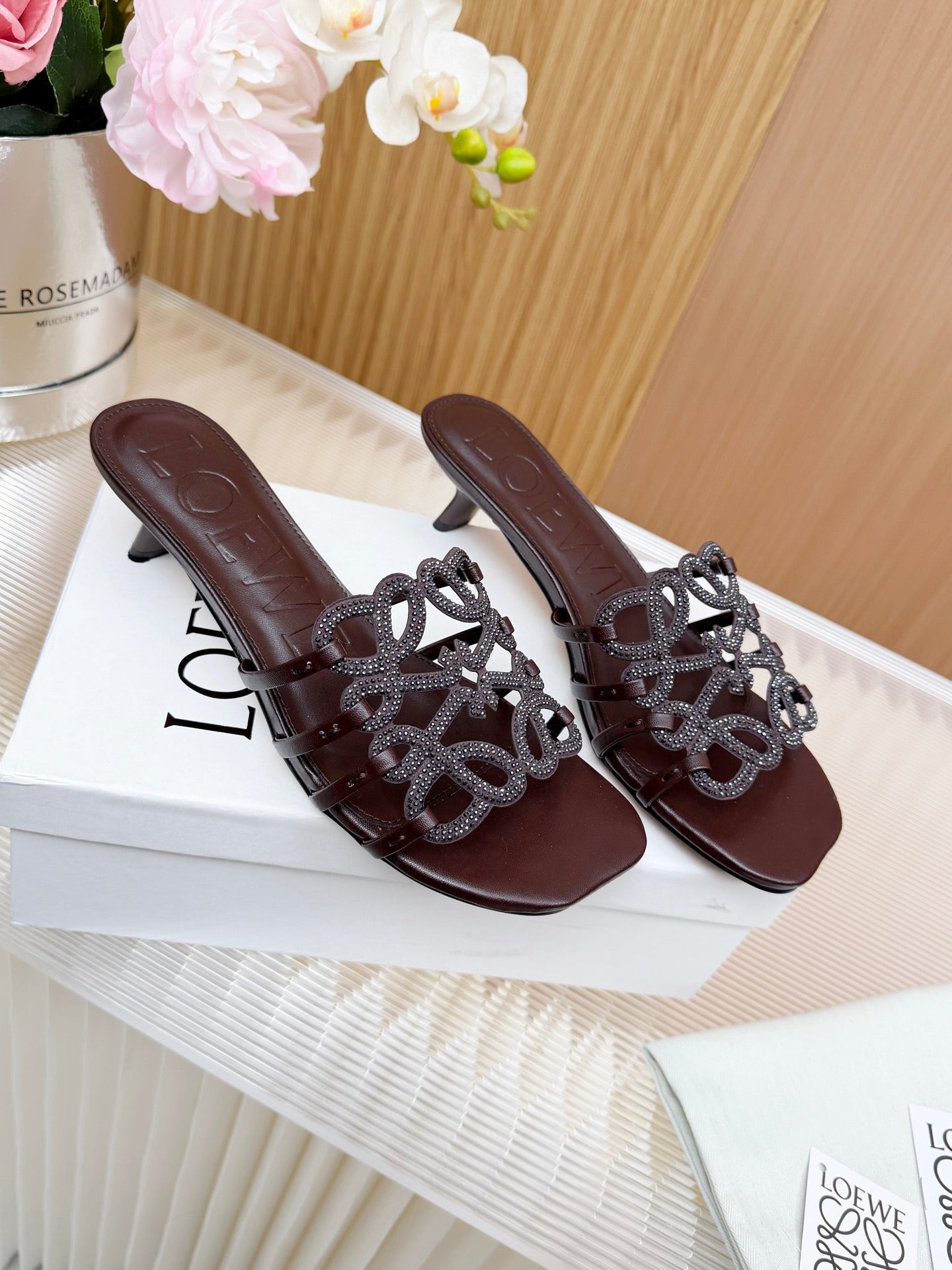 LOEWE 26S PETAL ANAGRAM SLIDE 45MM IN DARK BROWN SOFT CALFSKIN WITH CRYSTALS