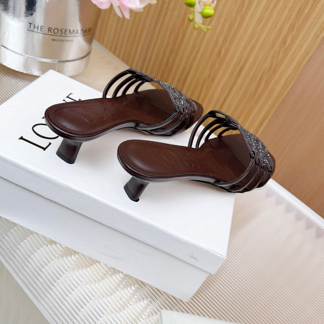 LOEWE 26S PETAL ANAGRAM SLIDE 45MM IN DARK BROWN SOFT CALFSKIN WITH CRYSTALS