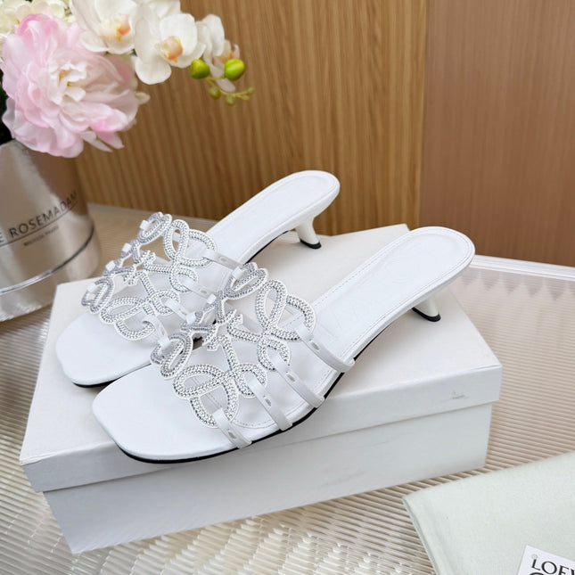 LOEWE 26S PETAL ANAGRAM SLIDE 45MM IN WHITE SOFT CALFSKIN WITH CRYSTALS