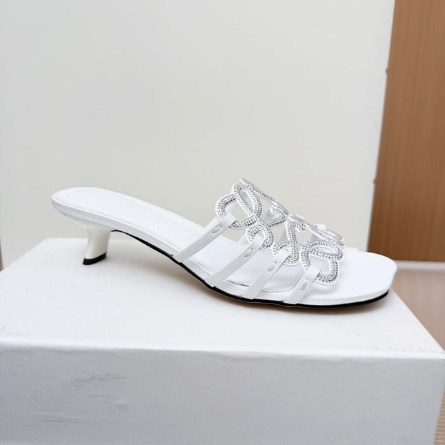 LOEWE 26S PETAL ANAGRAM SLIDE 45MM IN WHITE SOFT CALFSKIN WITH CRYSTALS