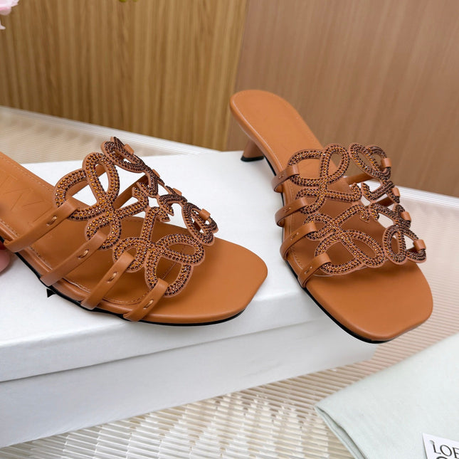 LOEWE 26S PETAL ANAGRAM SLIDE 45MM IN BURNT ORANGE SOFT CALFSKIN WITH CRYSTALS