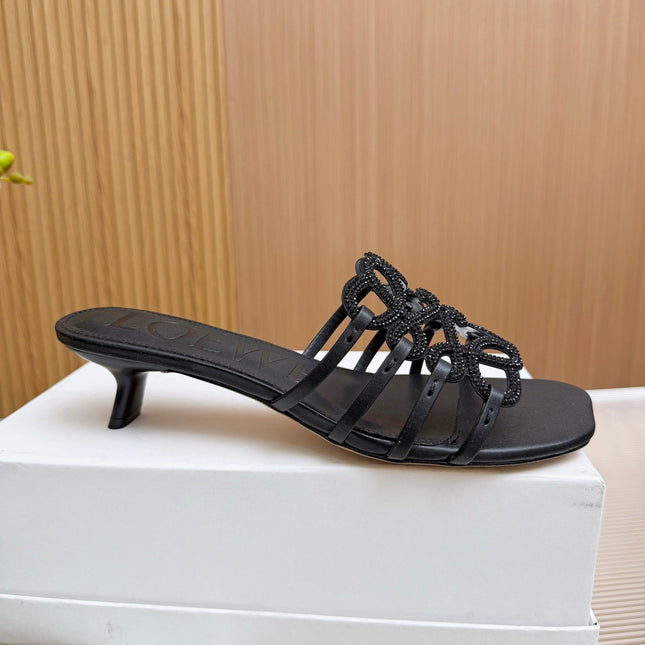 LOEWE 26S PETAL ANAGRAM SLIDE 45MM IN BLACK SOFT CALFSKIN WITH CRYSTALS